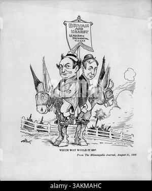 Dieser politische Cartoon zeigt William Jennings Bryan und William Hearst auf einem zweiköpfigen Esel, der die beiden gegnerischen Fraktionen der Demokratischen Partei im frühen 20. Jahrhundert repräsentiert. Stockfoto