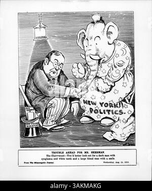 Die Illustration „Trouble Ahead for Mr. Sherman“ zeigt einen satirischen politischen Cartoon mit Vizepräsident Sherman, verkleidet als unterdrückte Figur, mit einem republikanischen Elefanten, der die politische Unsicherheit in New York 1912 symbolisiert. Stockfoto