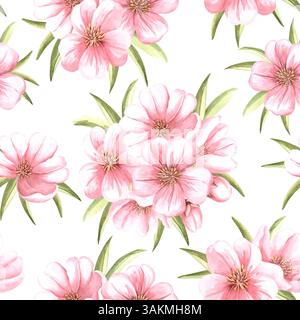 Mandelzweige mit rosafarbenen Blüten und grünen Blättern nahtloses Muster. Handgezeichnete Illustration aus Sakura oder Kirschblüte. Blumenmuster Stockfoto