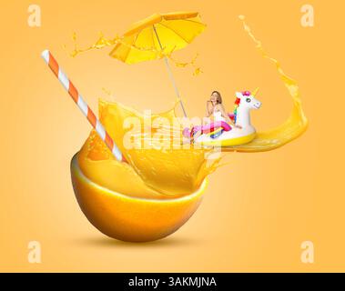 Sommerstimmung. Glückliche Frau mit Einhorn-Schwimmring auf Fluss von Orangensaft vor farbigem Hintergrund, kreative Collage Stockfoto