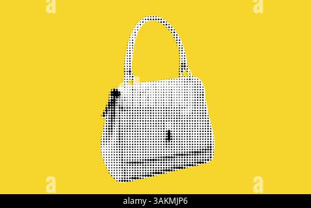 Eine lebendige Collage mit einer stilvollen Handtasche im Halbton-Design, die vor einem hellgelben Hintergrund für ein fröhliches Ambiente sorgt Stock Vektor