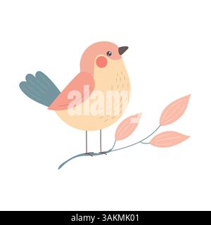 Süßer Pastellvogel mit rosafarbenen Flügeln und cremefarbenem Körper, der auf zarten rosa Blättern ruht, ideal für Frühlingsclipart, Kindergarten-Kunst und weiche, minimale Tierwelt Stock Vektor