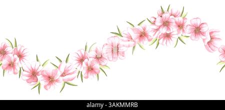 Rosafarbene Blüten von Mandelaquarell, wellige nahtlose Grenze. Handgezeichneter horizontaler Rahmen aus Sakura und Kirschblüte. Isolierte Illustration mit Blumenmuster Stockfoto