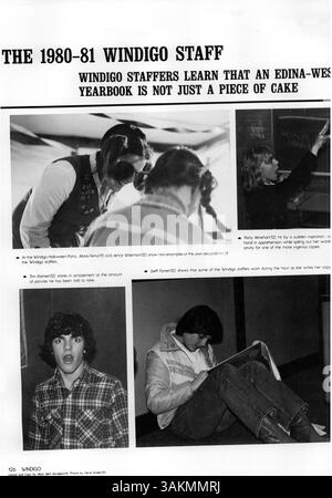 Das Windigo Jahrbuch 1981 der Edina West High School dokumentiert Schüler, Lehrer, Leichtathletik und außerschulische Aktivitäten sowie wichtige Veranstaltungen aus dem akademischen Jahr 1980-1981. Stockfoto