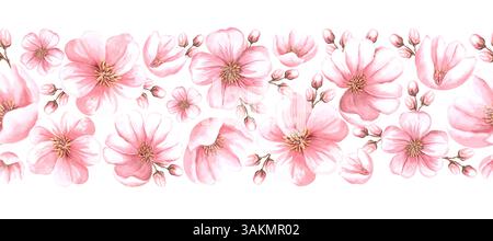 Rosafarbene Blüten und Knospen von Mandel Aquarell nahtlose Grenze. Hand gezeichneter horizontaler Rahmen aus Sakura und Kirschblüte Floral isolierte Illustration Stockfoto