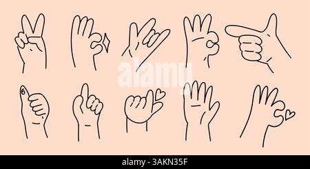 Gesten und Hände, die nonverbale Elemente der Kommunikation zeigen. VE-Abbildung einer Reihe von Handgesten Stock Vektor