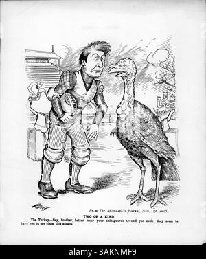 „Two of a Kind“ zeigt eine Thanksgiving-Türkei, die einem Fußballspieler empfiehlt, Schienbeinschützer zu tragen, und verweist auf die Gefahren des Sports. Das Bild ist ein humorvoller Kommentar zur Debatte über die Fußballsicherheit im frühen 20. Jahrhundert. Stockfoto