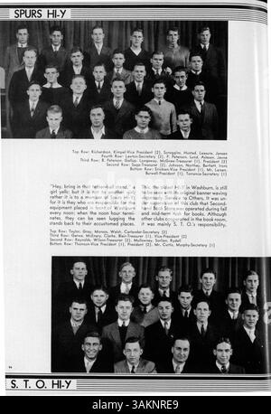 Das Washburn High School Jahrbuch aus dem Jahr 1935, The Wahian, liefert eine visuelle Aufzeichnung des Schuljahres 1934-1935 und dokumentiert die Aktivitäten von Schülern und Lehrern, Clubs und Sport. Er hebt die kulturellen und akademischen Aspekte der Schulerfahrung hervor. Stockfoto