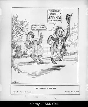 Eine Illustration aus dem Jahr 1913 aus der Minneapolis Morning Tribune zeigt einen Mann, der in die Luft springt und den Frühling erklärt, während ein anderer Mann warnt, das Murmeltier nicht zu erschrecken, das einen Schatten wirft. Dieses Ereignis stand im Zusammenhang mit der Vorhersage des Groundhog Day in New Brighton, Minnesota. Stockfoto