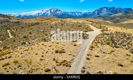 Luftlinie der Desert Road, die zu den Snowy Mountains in Nevada führt Stockfoto