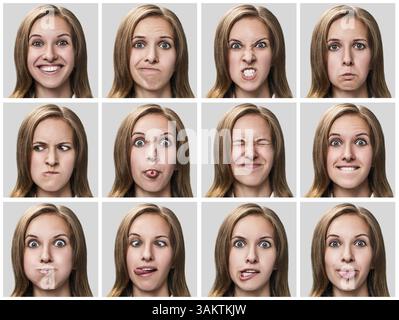 Mehrere Nahporträts derselben Frau, die unterschiedliche Emotionen auf grauem Hintergrund ausdrückt Stockfoto