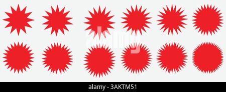 Set mit roten Starburst- und Sunburst-Abzeichen. Stock Vektor