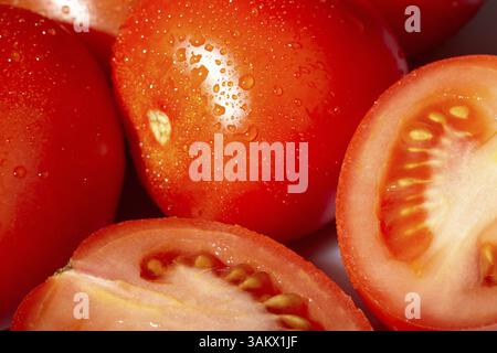 Frische rote Tomaten mit Wassertropfen. Makroaufnahme Stockfoto