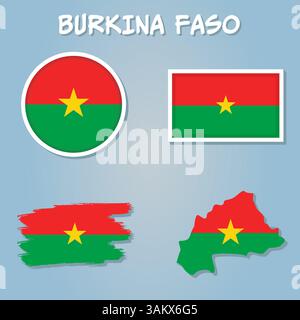 Burkina Faso Flaggen Sammlung, Flaggen und Umriss des Country Vektor Illustration Set Stock Vektor