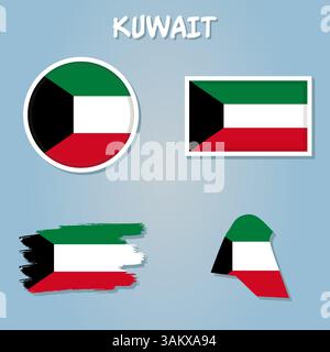 Hochauflösende Kuwait-Karte mit Landesflagge, Flagge des Kuwaits überlagert auf detaillierte Umrisskarte isoliert Stock Vektor