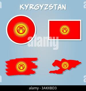 Karte von Kirgisistan mit Nationalflagge. Sehr detaillierte editierbare Karte von Kirgisistan und zentralasiatischen Ländergrenzen Stock Vektor