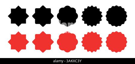 Starburst Red Aufkleber Set - Kollektion von Sonderangeboten, ovale und runde Sonnenschliff-Etiketten und -Abzeichen. Vektorillstration. Stock Vektor