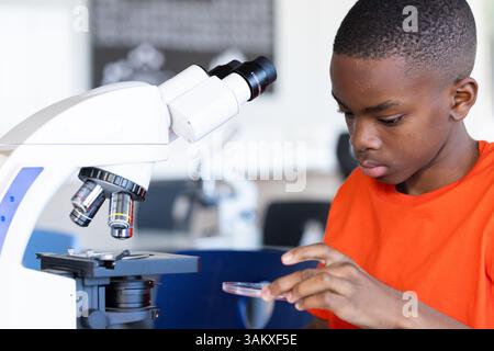 Mit Mikroskop, Schüler, die Petrischale im Schulklassen untersuchen Stockfoto