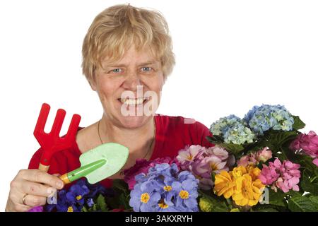 Eine ältere Frau arbeitet im Frühjahr mit Pflanzen Stockfoto
