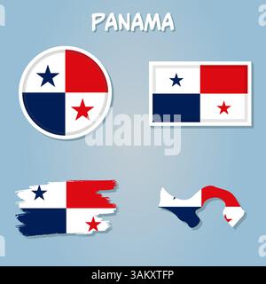 Flagge und Karte des Panama überlagert auf detaillierter Umrisskarte isoliert auf blauem Hintergrund Stock Vektor
