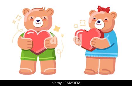 Niedlicher Bär mit rotem Herz isoliert auf weißem Hintergrund. Freundschaft, Liebeskonzept. Flacher Cartoon Stock Vektor