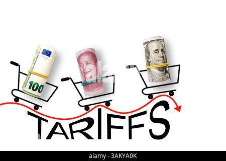 100 Dollar, Yuan und Euro auf weißem Hintergrund mit dem Wort Tarifs. Handel, Zoll, Zölle und Zölle Krieg Stockfoto