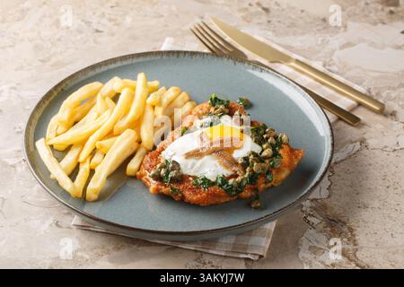 Leckeres heißes Schnitzel Holstein serviert mit Spiegelei, Sardellen- und ZitronenPetersiliensoße auf dem Teller auf dem Tisch. Horizontal Stockfoto