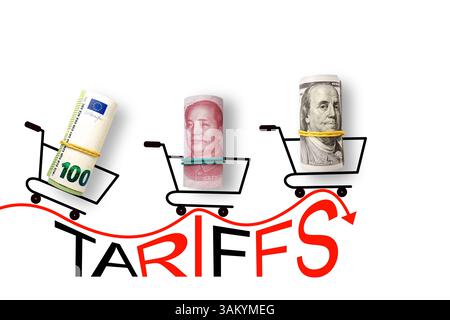 100 Dollar, Yuan und Euro auf weißem Hintergrund mit dem Wort Tarifs. Handel, Zoll, Zölle und Zölle Krieg Stockfoto