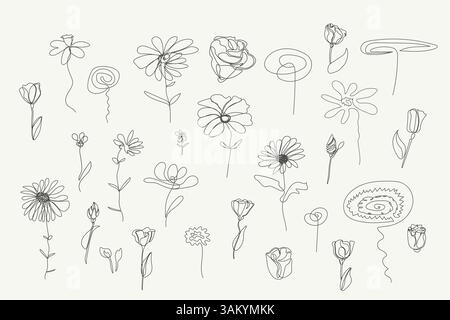 Sammlung handgezeichneter Gartenblumen. Einzeiliges Kunstdesign. Schöne blühende elegante Reihe von floralen Zeichenelementen isoliert auf Grau Stock Vektor