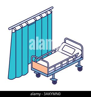 Ein Krankenhausbett und Vorhänge Karikaturvektor Icon Illustration. Medizinisches Konzept, isolierter Premium-Vektor. Flacher Cartoon-Style. Stock Vektor