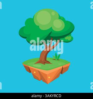 Schwimmende Insel mit grünem Baum im Cartoon-Stil, ideal für Fantasy-Themen. Stock Vektor