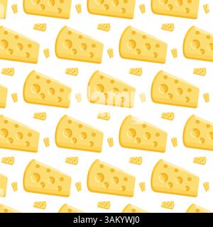 Fröhlich wiederholtes Muster aus gelben Schweizer Käsescheiben und kleinen Stückchen auf weißem Hintergrund. Dieses farbenfrohe Design eignet sich perfekt für Lebensmittelthemen Stock Vektor