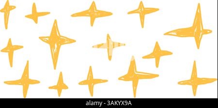 Buntstift gezeichnete goldene funkelnde Sterne gesetzt. Space Shine Shapes and Blings Doodle Pack. Blinkend am Nachthimmel. Vektor handgezeichnet mit Bleistift oder Pastellillustra Stock Vektor