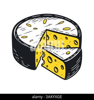 Handgezeichnete Illustration eines Käserads mit einer hervorgehobenen Scheibe, die sein gelbes Inneres offenbart und ein traditionelles Milchprodukt in einem Künstler zeigt Stock Vektor