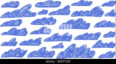 Blaues Wolkenset mit Buntstiften. Naives handgezeichnetes Himmelspack. Strukturierte Kreideelemente für Kinder. Pastellfarbene Symbole für bewölktes Wetter. Vektorkohle oder Wachsstift gezeichnet il Stock Vektor