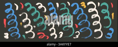 Pinselstrich Bunte Farbe verwirrt Linien. Handgezeichnetes Kinderkonfetti. Lineare Farbkritzelelemente, isoliert auf dunklem Hintergrund bei Nacht. Vektordood Stock Vektor