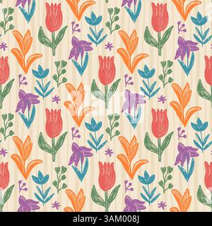 Nahtloses Blumenmuster mit Buntstiften. Blumenschablone mit Blockmuster im Hintergrund. Bleistift gezeichnete Wiederholungshülle. Federmotiv mit Oberflächenmuster. Vektor Stock Vektor