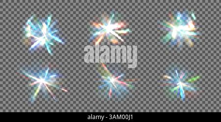 Kristallprisma funkelt Set. Flare Glow-Effekt mit diamantschillerndem Glasschein. Abstrakter Blendmagiestrahl. Funkenfackeln Prismen. Spektrumburst Stock Vektor