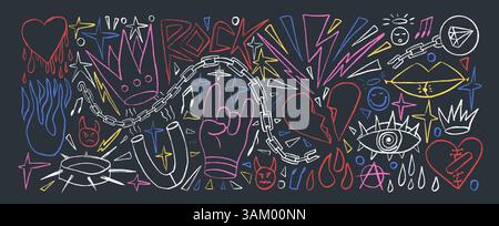 Rock and Roll Girly Buntstift gezeichnet Set. Punk Coquette Breaking Heart Doodle Hintergrund. Kritzeln Sie Grunge Poster Elemente. Herz-, Stein- und Sketch-lin Stock Vektor