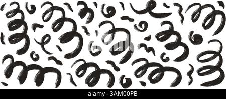 Holzkohle Scribble wellige Formen Hintergrund. Handgezeichnetes Konfetti-Set. Vektor-schwarze dicke Grunge-Buntstift-Pinsel Striche Linien. Kurve und Wirbel VEC Stock Vektor