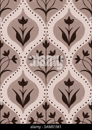 Hand gezeichnetes nahtloses Muster mit braunen Blütenblättern auf beigefarbenem Hintergrund. Traditionelles klassisches viktorianisches Ornament für Tapeten, Textilien im Art déco-Stil, Blumenmuster und ornamentale Einrichtung Stockfoto