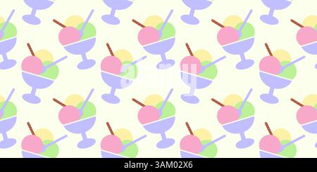Mehrfarbige Eisschaufeln mit Keksröhre in der Eisschale nahtlose Muster Promo Hintergrund. Isolierte Vektor-Illustration Thematische Karten, Druckmaterialien oder Web-Promo-Banner, Faltblatt, Preisschild Stock Vektor