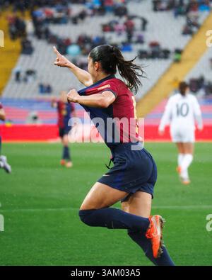 Barcelona, Spanien. März 2025. Jana Fernandez feiert ein Tor während der spanischen Frauenliga, Liga F, des Fußballspiels zwischen dem FC Barcelona und Stockfoto