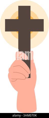 Illustration einer männlichen Hand, die ein hölzernes christliches Kreuz hält, das Glauben und Spiritualität symbolisiert. Vektorzeichnung für Ostern oder Christentum Kirche sogar Stock Vektor
