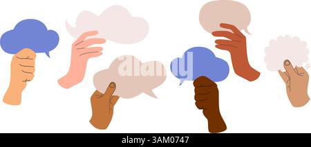 Bunte inklusive Illustration verschiedener Hände, die Sprechblasen halten Vektorzeichnung. Konzeptdesign für Kommunikation, Dialog und soziale Interaktion Stock Vektor