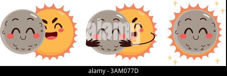 Nette Sonne und fröhlicher Mond auf Sonnenfinsternis Prozess Vektor Illustration. Lustige Infografik für Astronomie oder Lehrmaterial Stock Vektor