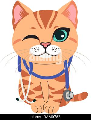 Niedliche Zeichentrickillustration einer Katze, die als Tierarzt mit einem Stethoskop verkleidet ist und Tiergesundheit symbolisiert. Tierklinik Maskottchen Anim Stock Vektor