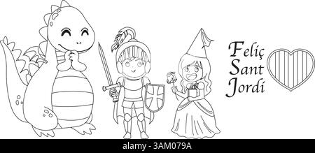 Schwarz-weiße Zeichentrickfigur mit den Märchenfiguren des Heiligen Jordi, darunter Drachen, Ritter und Prinzessin. Ausmalseite für untergeordnete Elemente bis Stock Vektor