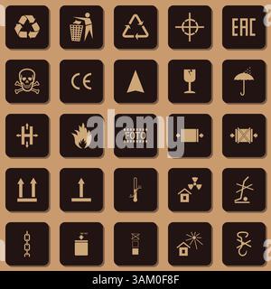 Sammlung von Verpackungssymbolen einschließlich zerbrechlicher, sorgfältiger Handhabung, brennbarer und anderer Schilder Stock Vektor