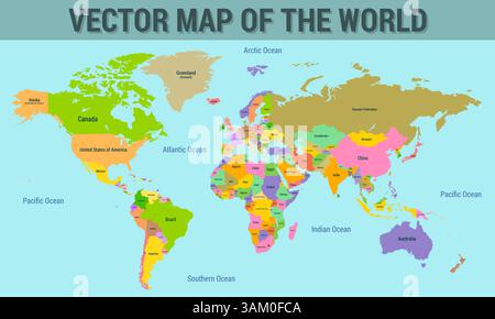Vektorkarte der Welt mit den Namen der Länder, mit den Grenzen der Länder Stock Vektor